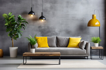 Grey sofa against concrete stucco wall. Industrial, loft home interior design of modern living room. - obrazy, fototapety, plakaty