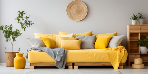 Yellow sofa and wooden cabinet against grey wall. Scandinavian, boho home interior design of modern living room.