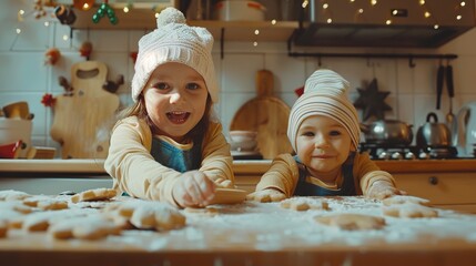 happy funny kids bake cookies in kitchen