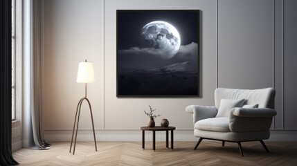 a living room with a white chair and a black and white picture of a full moon in the night sky.