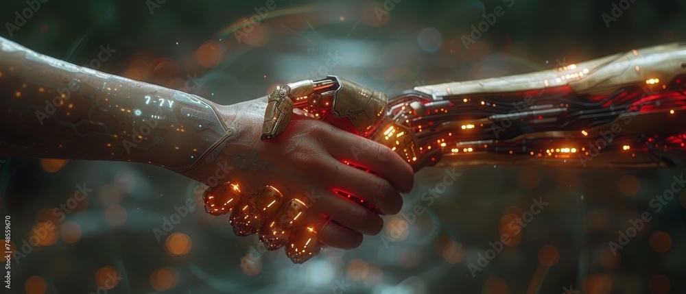 Aufkleber handshake between digital partner and businessman over futuristic background. artificial intelligenc