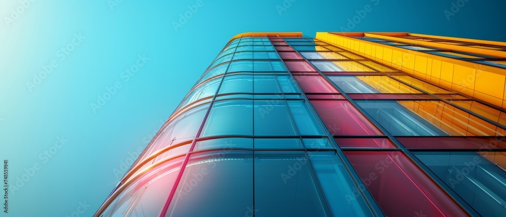 Aufkleber An artist's rendition of a 3D stimuli of a high rise curve glass building with dark steel windows against a blue sky background, a business concept for the architecture of the future.