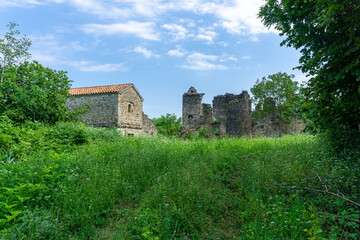 Fototapeta na wymiar Old church and ruins of a fortress on a green meadow surrounded by grass, bushes and trees. Bright blue sky with clouds.