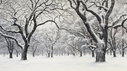 a painting of a snowy park with trees and snow on the ground and a bench in the middle of the park.