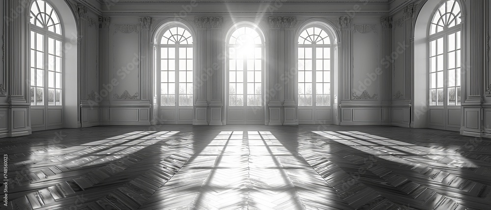 Poster an empty white room with a dark laminate floor. the architecture of the room is blank.