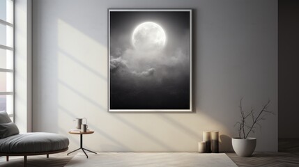 a black and white photo of a moon in a cloudy sky hangs on the wall of a modern living room.