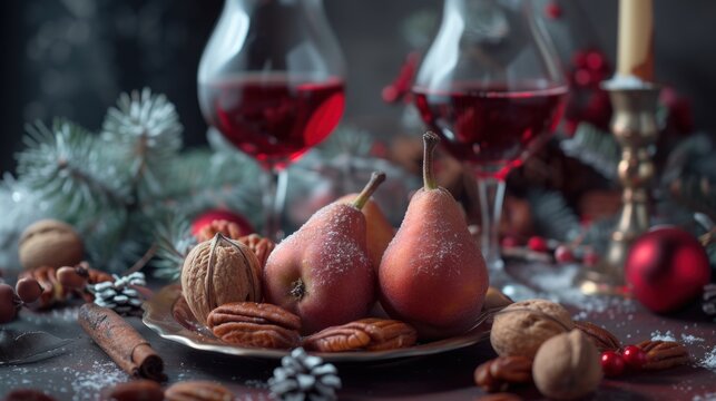 a plate topped with pears and nuts next to a glass of red wine and a couple of wine glasses.