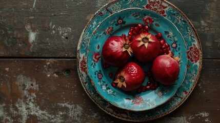 a blue plate topped with pomegranates and pomegranates on top of a wooden table.