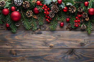 Fototapeta na wymiar green red Christmas border on a wooden background