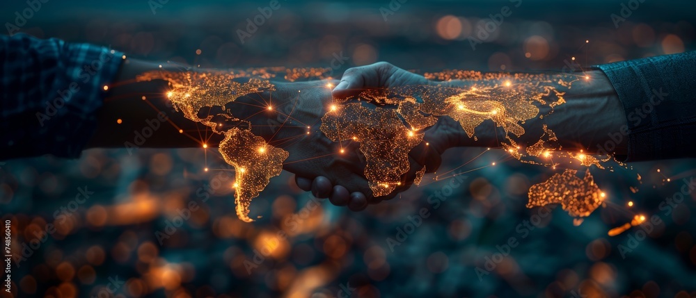 Aufkleber the illustration shows a businessman shaking hands with the effect of a global world map network lin