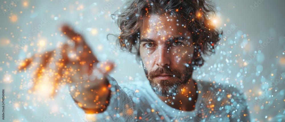 Fototapete Innovator and businessman active in global data and network exchanges, metaverses, AI, and the transformation of big data into digital networks.
