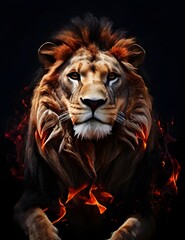 Lion King in Fire, Wild Animal, Portrait on Black Background. Generative AI