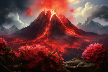 Fiery Red flowers volcano. Fauna beauty. Generate Ai