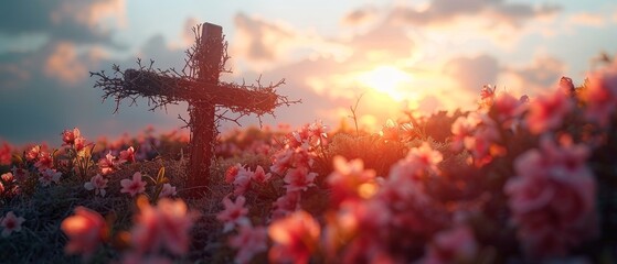 In the Sunlight, A Cross With Robe And Crown Of Thorns Atop A Sky - Calvary And Resurrection Concept - obrazy, fototapety, plakaty