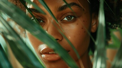 Photograph of a young African American woman posing against a tropical green leaf. Conceptual image for natural cosmetics.