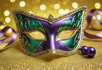 Gold, purple and green glittery mardi gras mask on shining bokeh city background