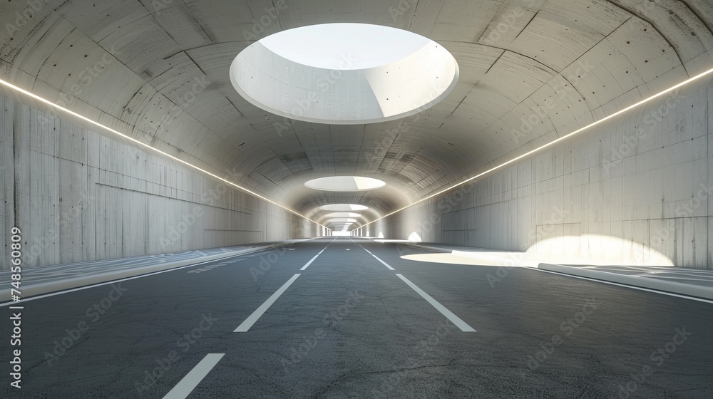 Poster rendering of 3d architectural tunnel on highway with empty asphalt road.