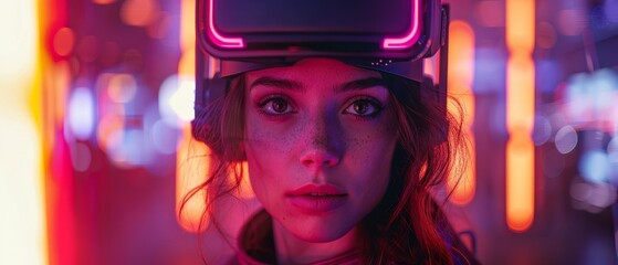 Playing virtual reality video games as a 3D avatar. Exciting metaverse games with lightsabers. Happy young woman wearing a virtual reality headset.