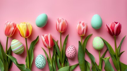 pastel tulips alongside Easter eggs, Easter, pastel background