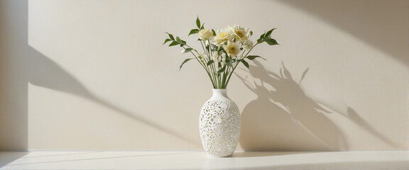 beautiful white flower vase with sun shade shadow pattern on white plain wall backdrop minimal interior style backdrop template with copyspace