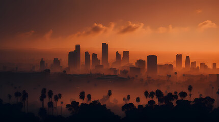 Los Angeles skyline shrouded in smoke and fog from raging forest fires in nearby areas, affecting downtown LA and Hollywood, creating a tense and hazardous atmosphere across the city