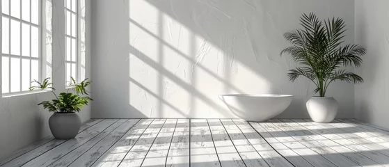 Fotobehang 3D stimulated white room interior with wood plank floor and shadow cast on wall by sunlight, perspective of minimal design © Zaleman