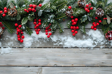 green red Christmas border on a wooden background