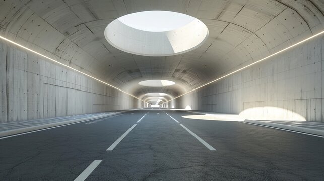 Rendering of 3D architectural tunnel on highway with empty asphalt road.