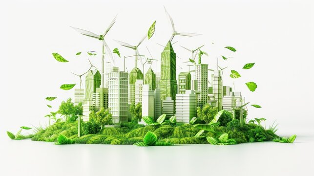 an image of a green city with windmills in the air and trees growing out of the top of it.