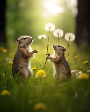 a couple of small animals standing next to each other on a field of grass with dandelions in the background.