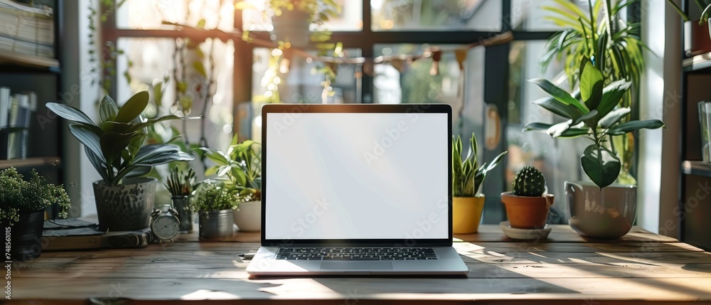 Aufkleber the hand of a businessman is seen working on a blank screen laptop computer on a wooden desk as a co