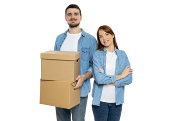 PNG, couple with boxes, moving concept, isolated on white background.