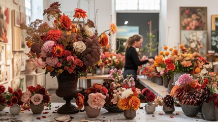 A florist attentively arranges colorful flowers in a bright, art-filled workshop setting.