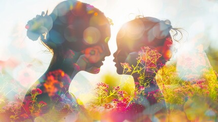 Creative double exposure of two women's profiles blended with colorful flowers, symbolizing harmony with nature.