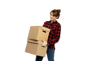 PNG, girl with boxes, moving concept, isolated on white background.