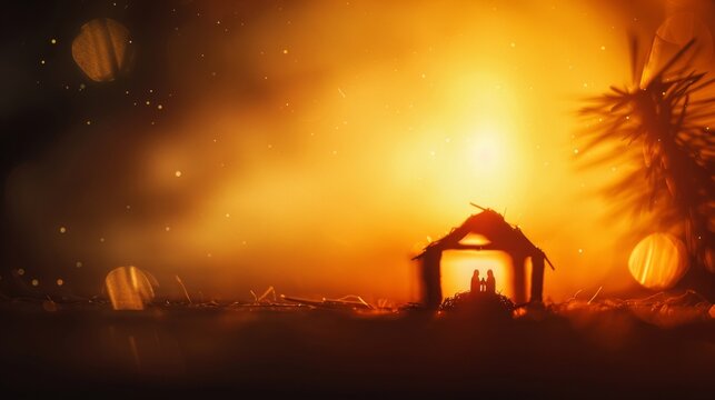 Silhouette of a nativity scene set against a warm, glowing orange backdrop with festive lights.
