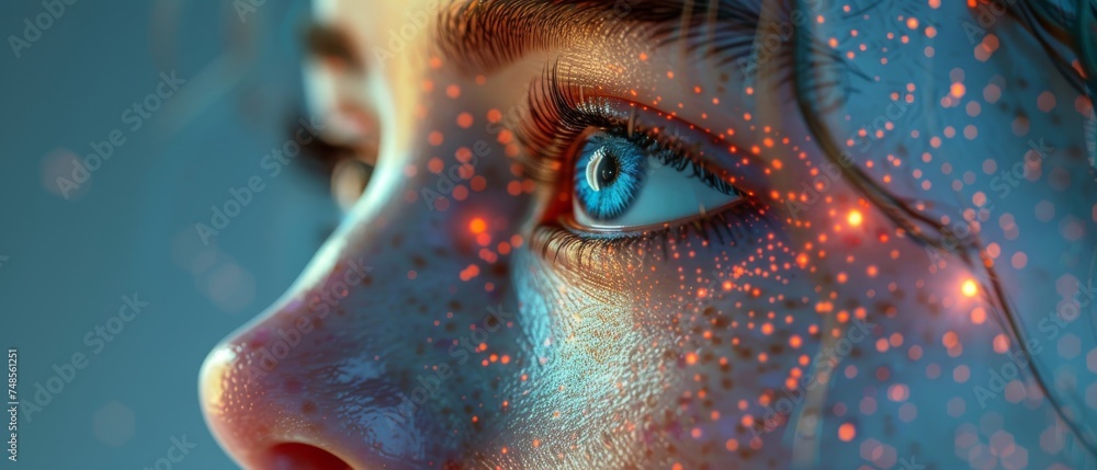 Aufkleber human and robot face close-up, metaverse concept of the digital smart world using artificial intelli