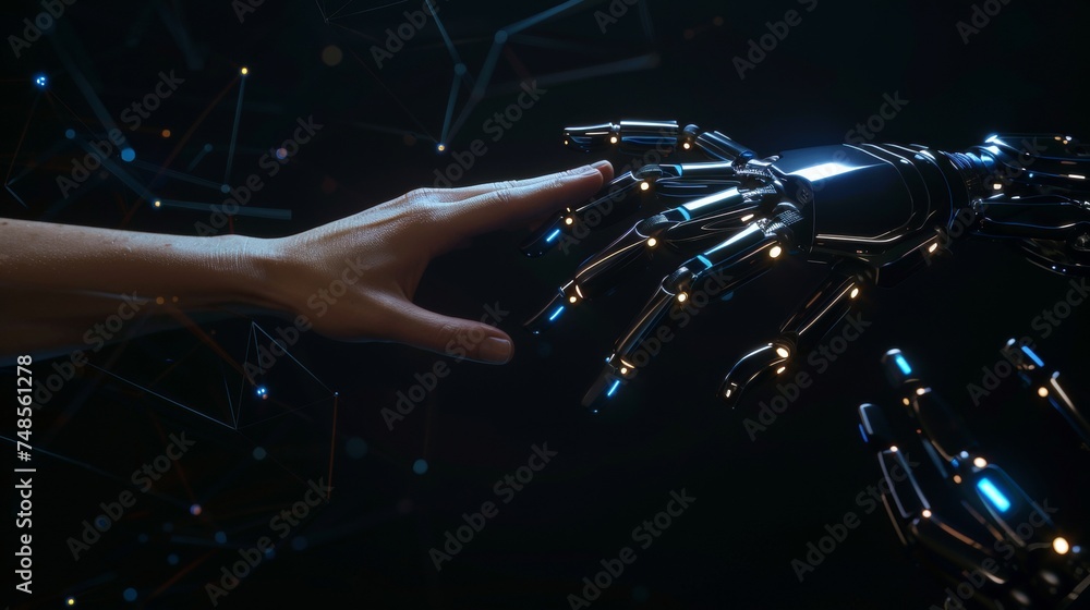 Poster a robot and human touch data of global network connection, internet, and digital technology of futur