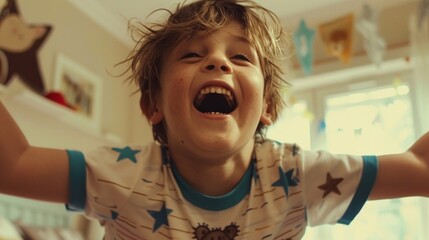 A candid moment of a young boy laughing heartily, capturing the innocence and joy of childhood in a home setting. - obrazy, fototapety, plakaty