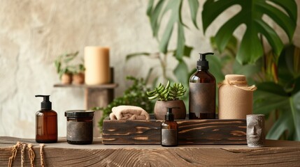 a wooden table topped with lots of different types of soaps and lotion bottles next to a potted plant.