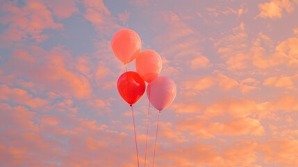 Fototapeta premium A serene scene of red and pink balloons floating freely against a vibrant sunset sky with scattered clouds.