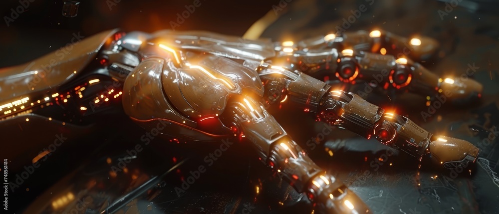 Leinwandbilder Artificial intelligence, future technology and business concept - a robot and human hand on a black background with flash lights and virtual screens