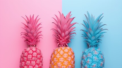 Three painted colored pineapples on a pink and blue background, in the style of conceptual pop art...