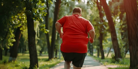 Keuken spatwand met foto A man in red shirt jogging away on a park pathway surrounded by lush greenery. © tashechka