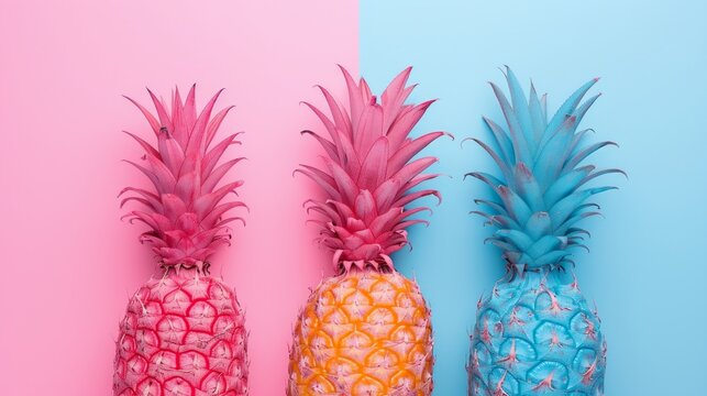 Three painted colored pineapples on a pink and blue background, in the style of conceptual pop art poster.
