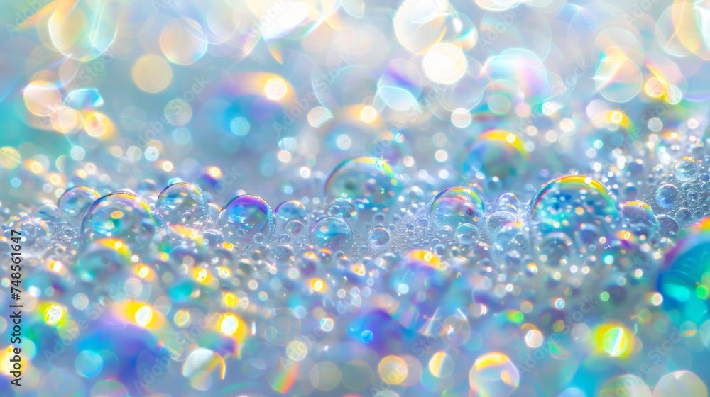 Poster close-up of iridescent soap bubbles, with a myriad of colors reflecting and sparkling in light.