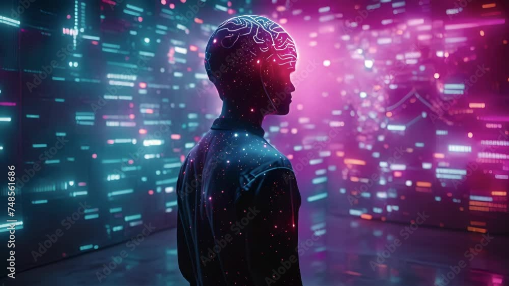 Poster a humanoid figure illuminated with neon lights and wires connecting to its brain stands in front of 