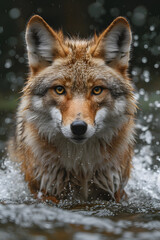 Obraz premium A Beautiful photo of a fierce majestic coyote running in the river