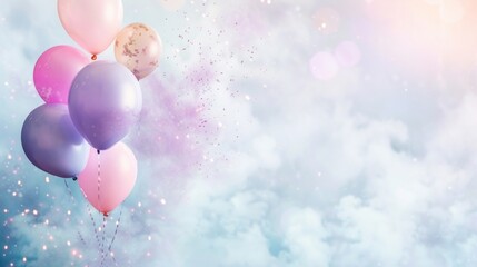 Pastel-colored balloons ascend into a whimsical sky with sparkling glitters, evoking a sense of celebration and joy.