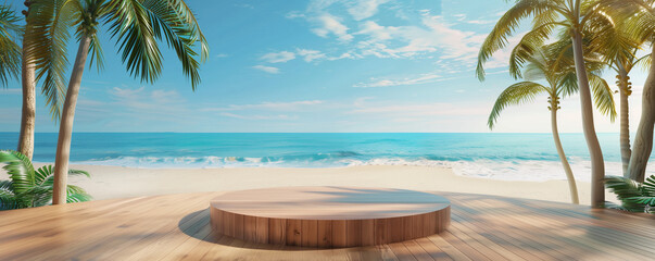 Summer product display, Beachside serenity. a wooden stand positioned on the sandy beach, embraced by palm tree, allowing for a calming view of the sea and sky in a tropical paradise.